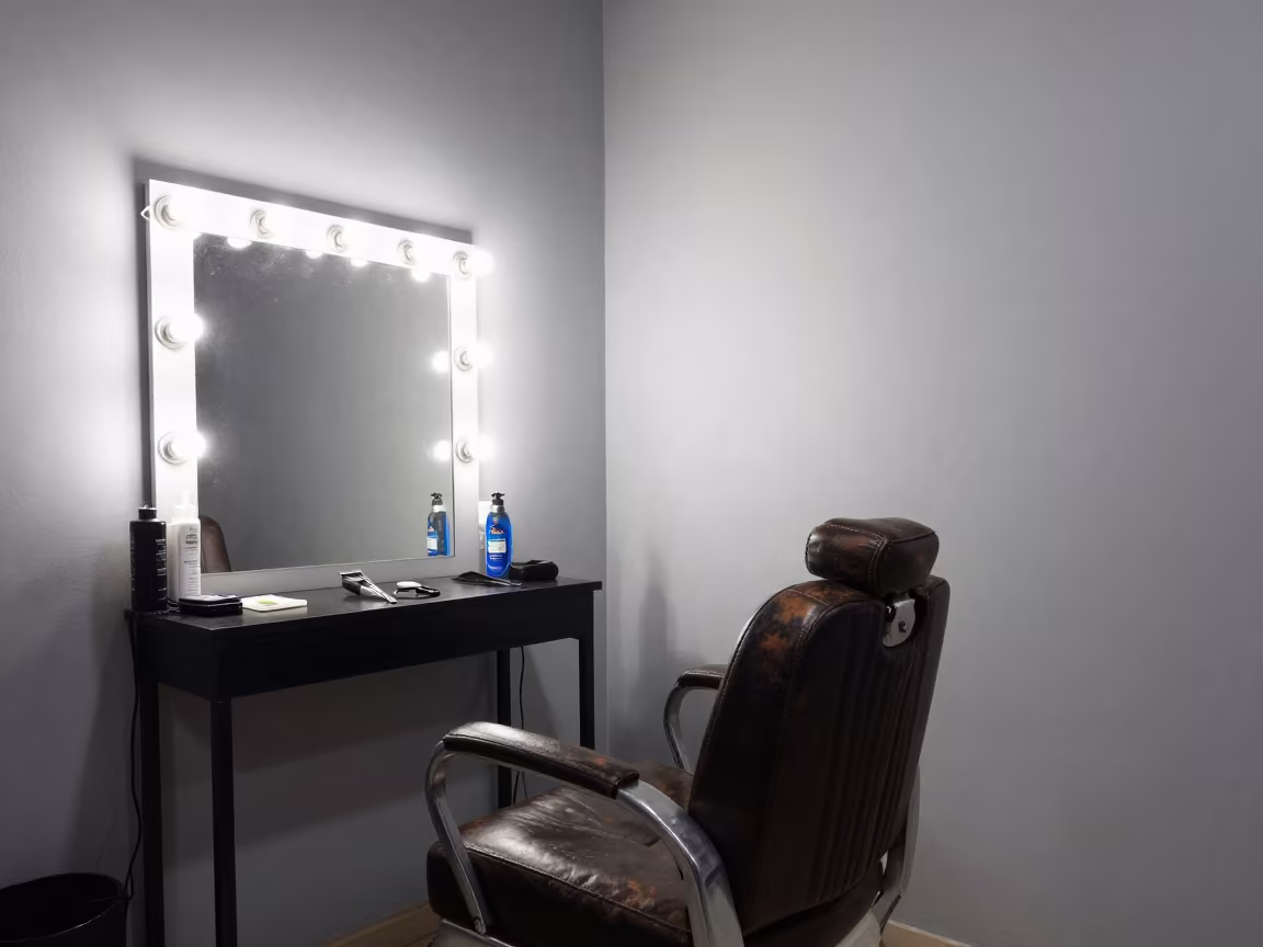 Barber Chair Station Under Mirror Bulbs Twilight in at a barber station beneath mirror bulbs in Bobo-Dioulasso