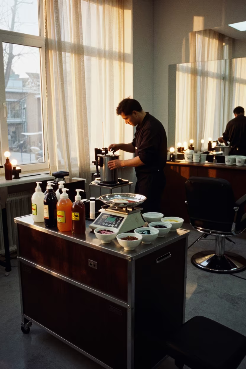 Barber Color Station With Developer Bottles in at a barber station beneath mirror bulbs near Pyongyang