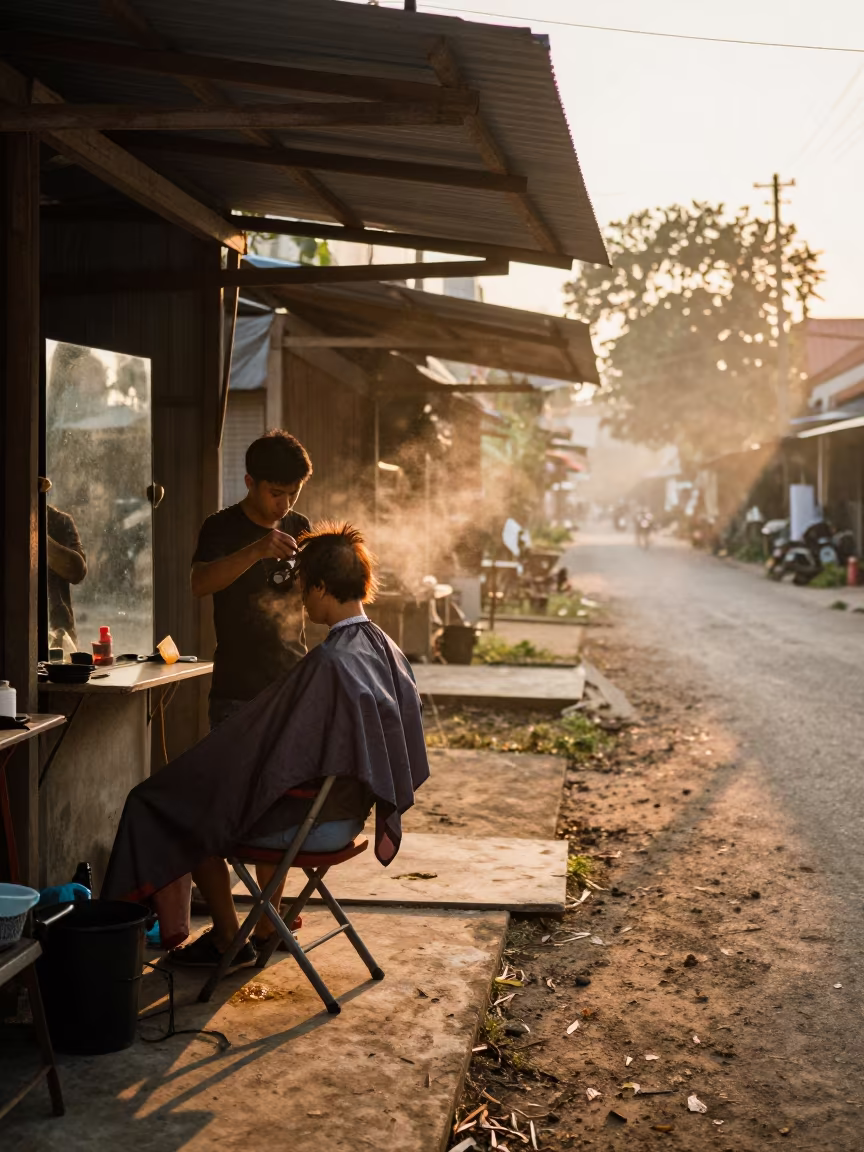 Barber Cuts Hair in Evening Light Near Thu Duc in near Thủ Đức