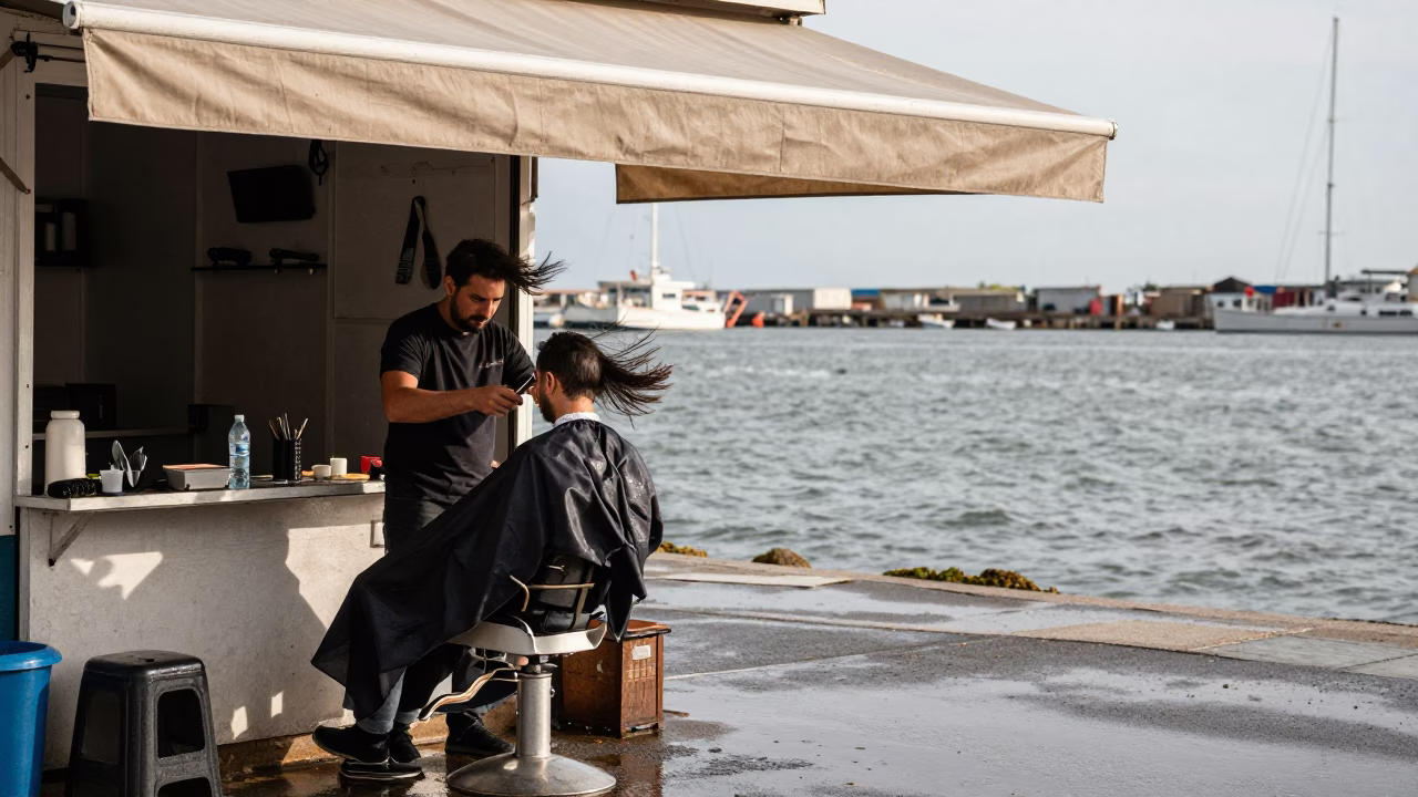 Barber Cutting Hair at Belbis Harbor Edge in at a harbor edge in Belbis