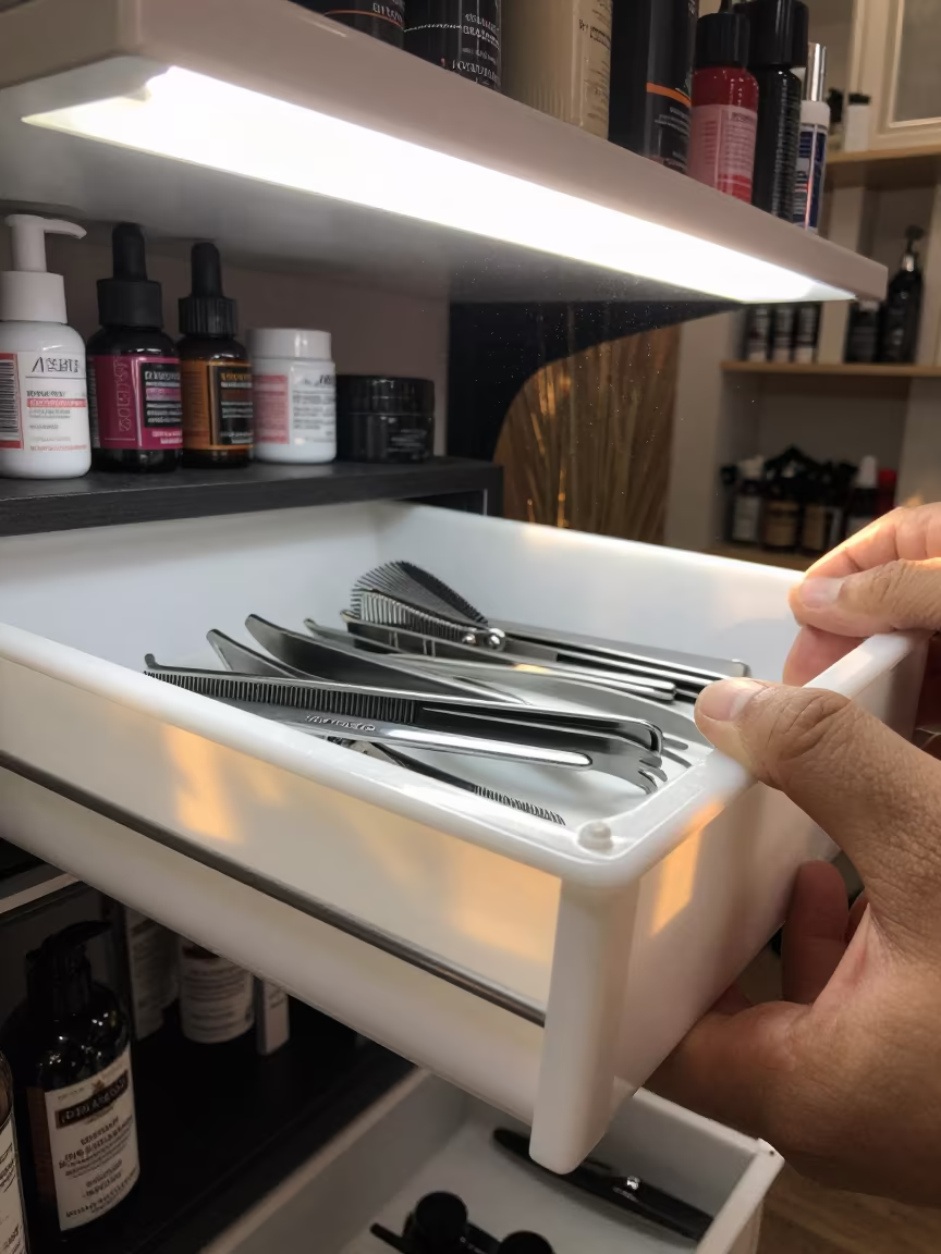Barber Fades Guard Drawer Reset in Evening Light in in a beauty supply area under white LEDs near Maseru