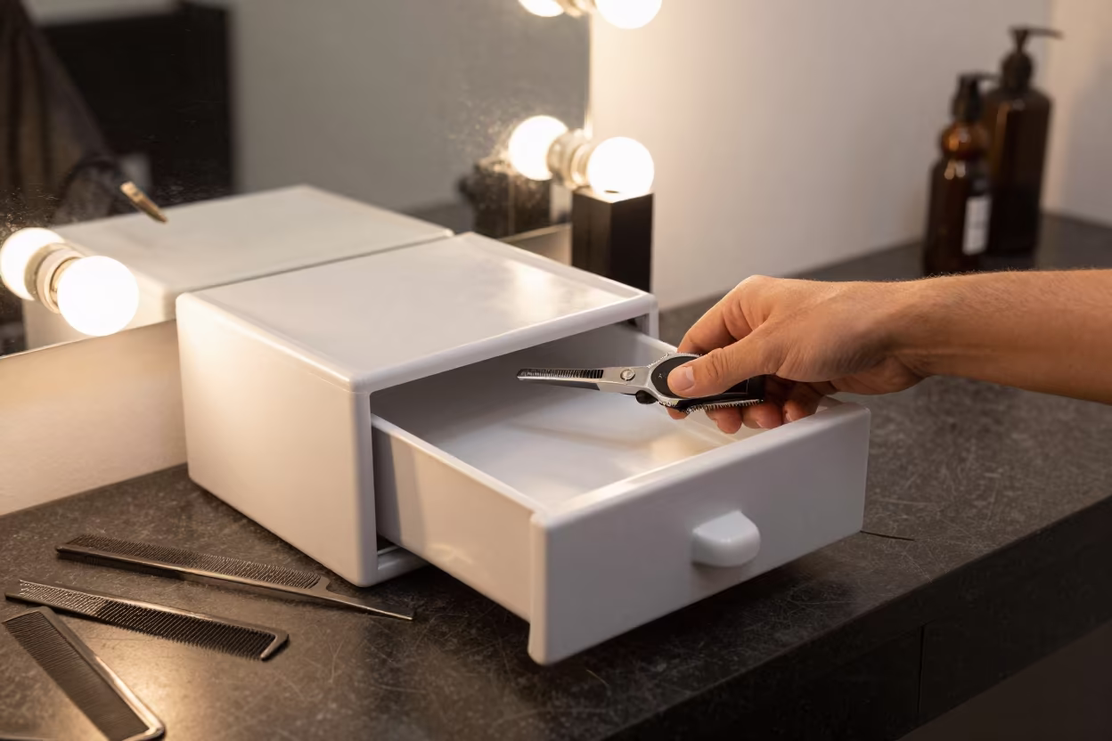 Barber Fading Guard Drawer Reset Santos in at a barber station beneath mirror bulbs in Santos