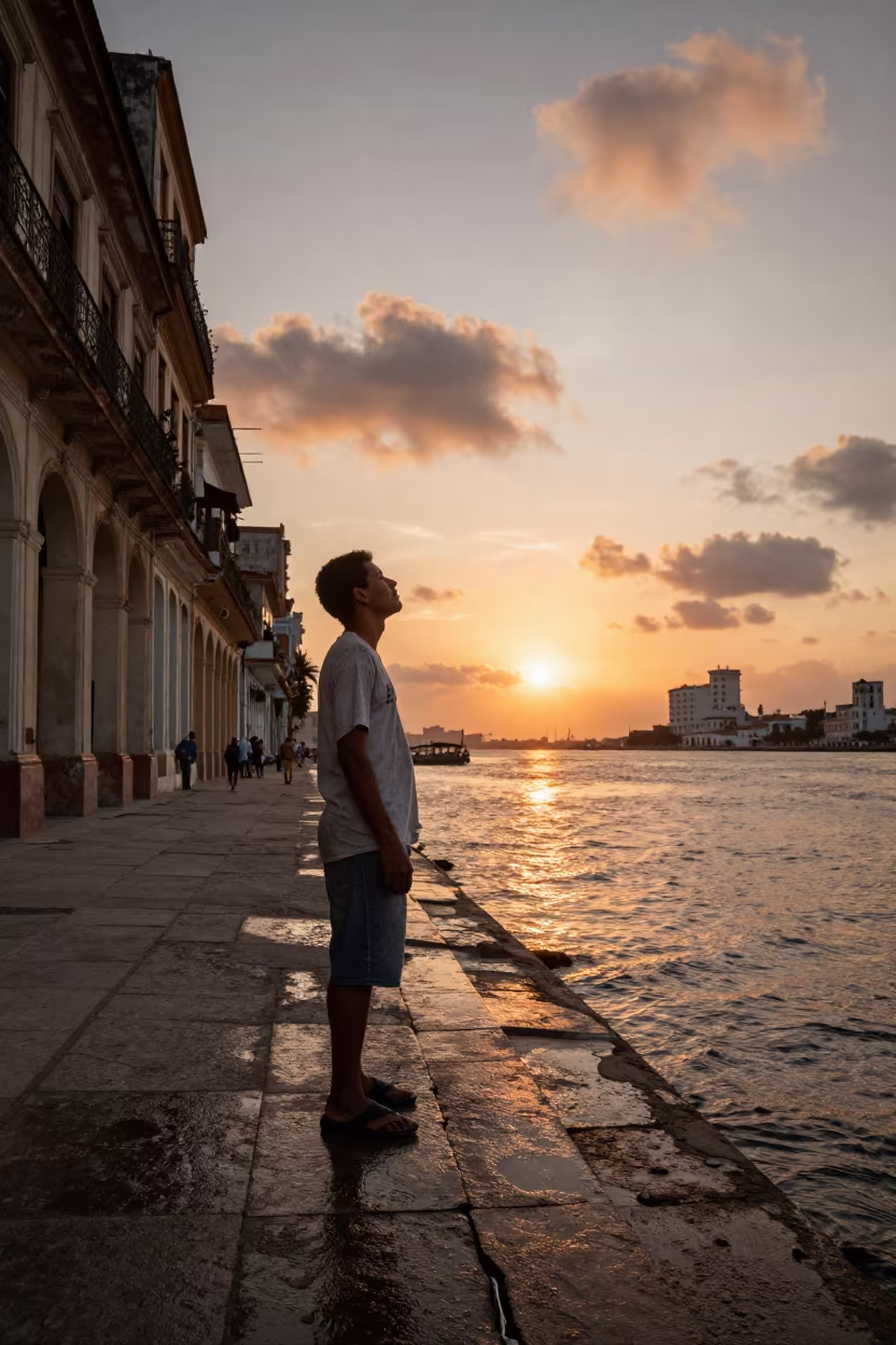 Barber on Havana Riverbank in Sunset Glow in by a riverbank near Vedado, Havana