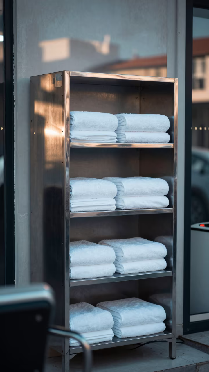 Barber hot towel cabinet in Kilis salon twilight in inside a salon row in Kilis