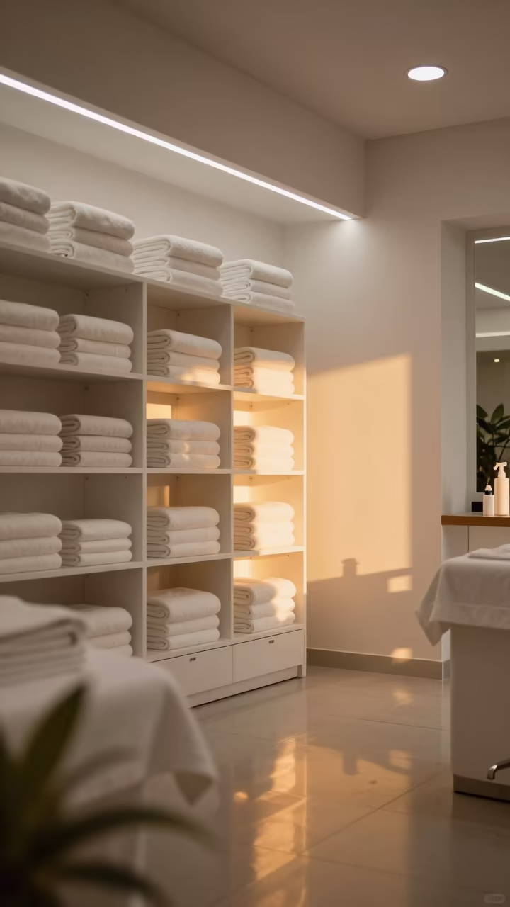 Barber Hot Towel Cabinet in São Paulo Shop in in a beauty supply area under white LEDs near São Paulo