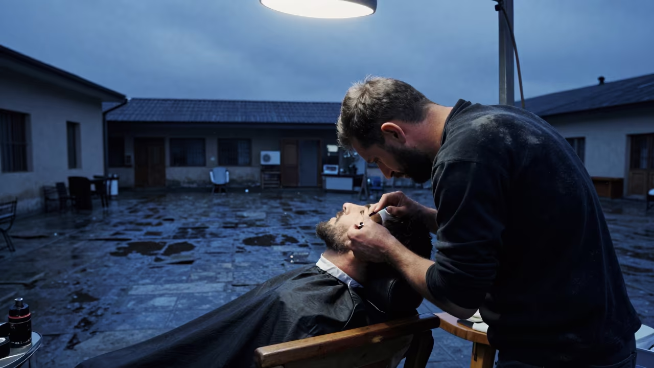 Barber in Kosti Courtyard After Rain in in Kosti