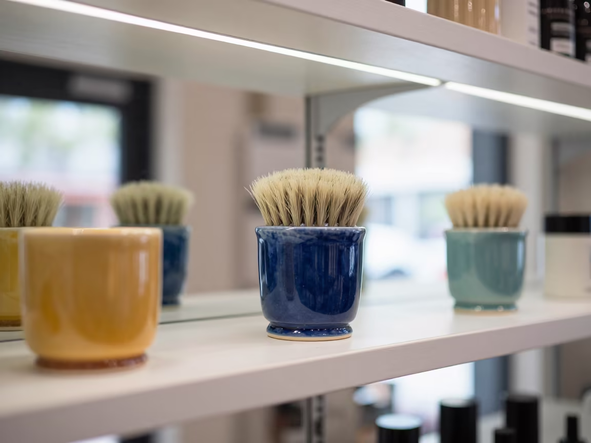 Barber Neck Brush Cup Charleston Store Window Light in in a beauty supply area under white LEDs in Charleston