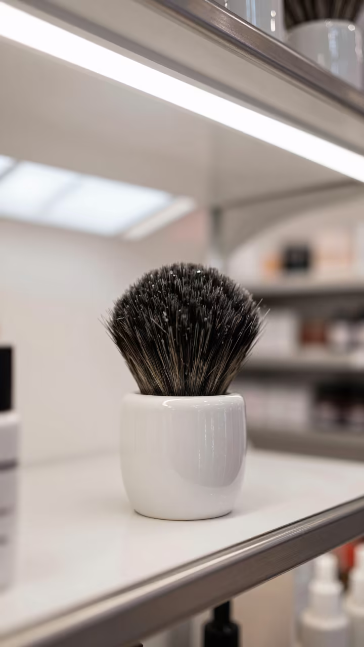 Barber Neck Brush Cup in Linz Supply Store in in a beauty supply area under white LEDs near Linz