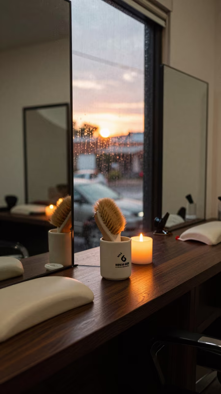 Barber Neck Brush Cup in Sunset Nail Studio in inside a nail studio near Nuevo Laredo