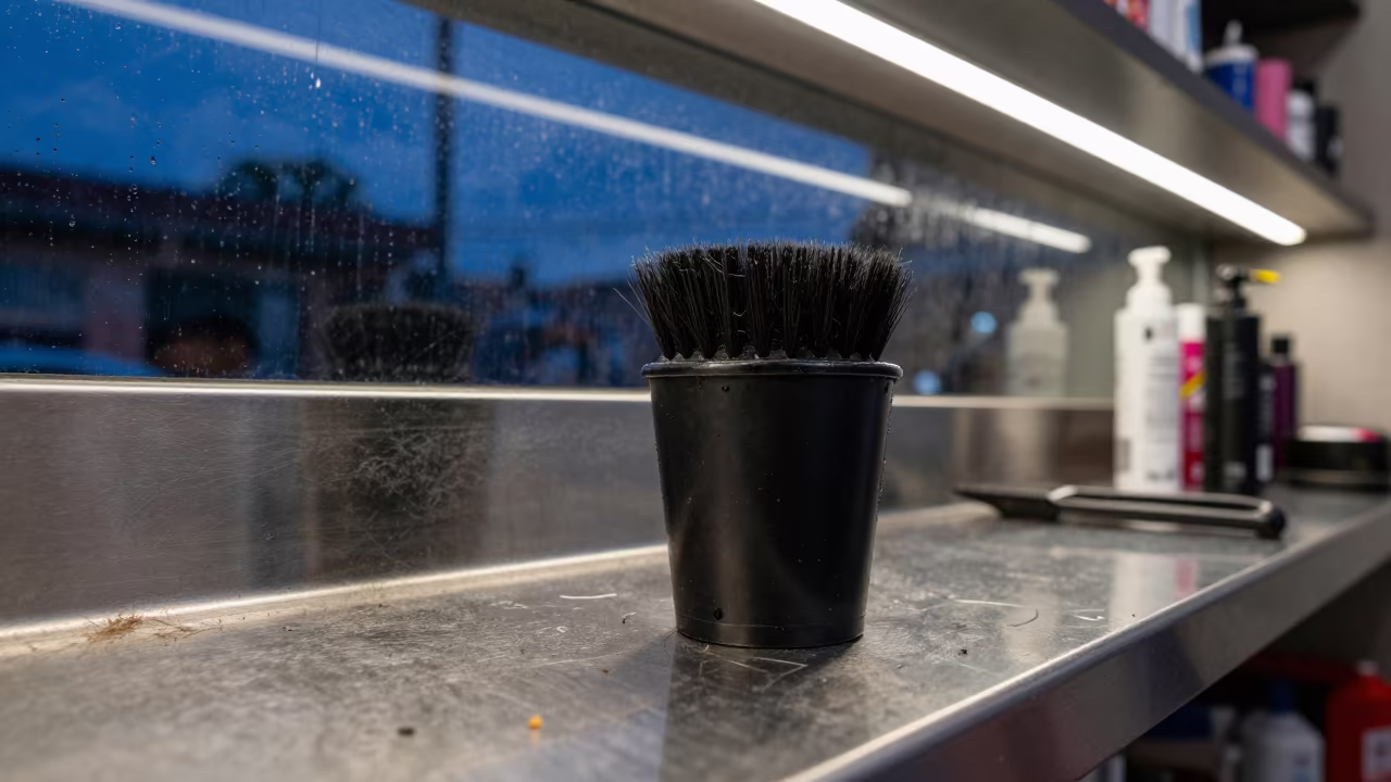 Barber Neck Brush Cup in Twilight Window Light in in a beauty supply area under white LEDs in Tegucigalpa