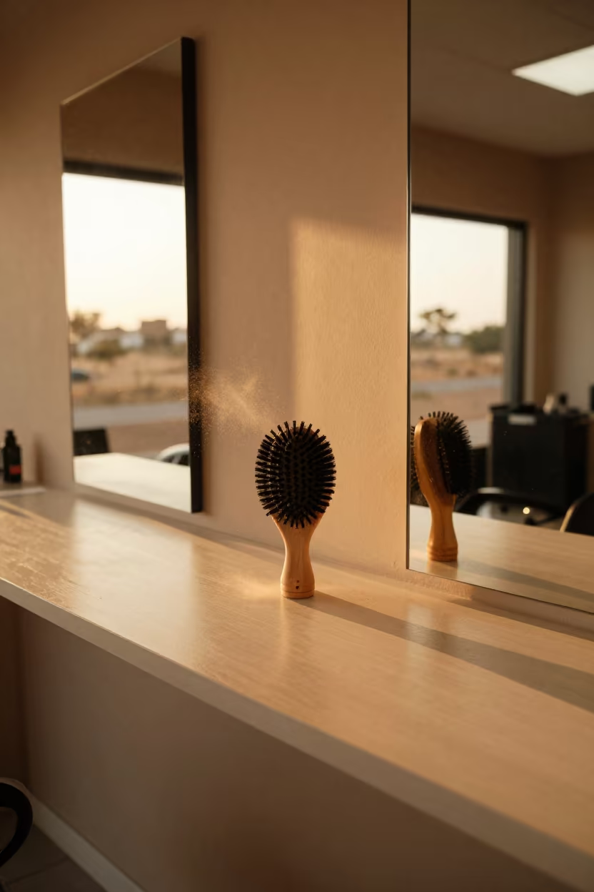 Honeyed Light on Barber Neck Brush Cup in Yaounde Salon in at a salon reception counter in Yaounde