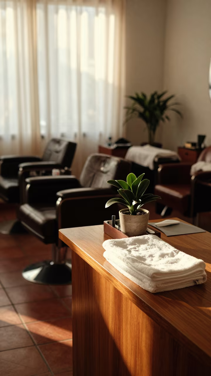 Barber neck duster caddy in Oaxaca studio in inside a nail studio in Oaxaca