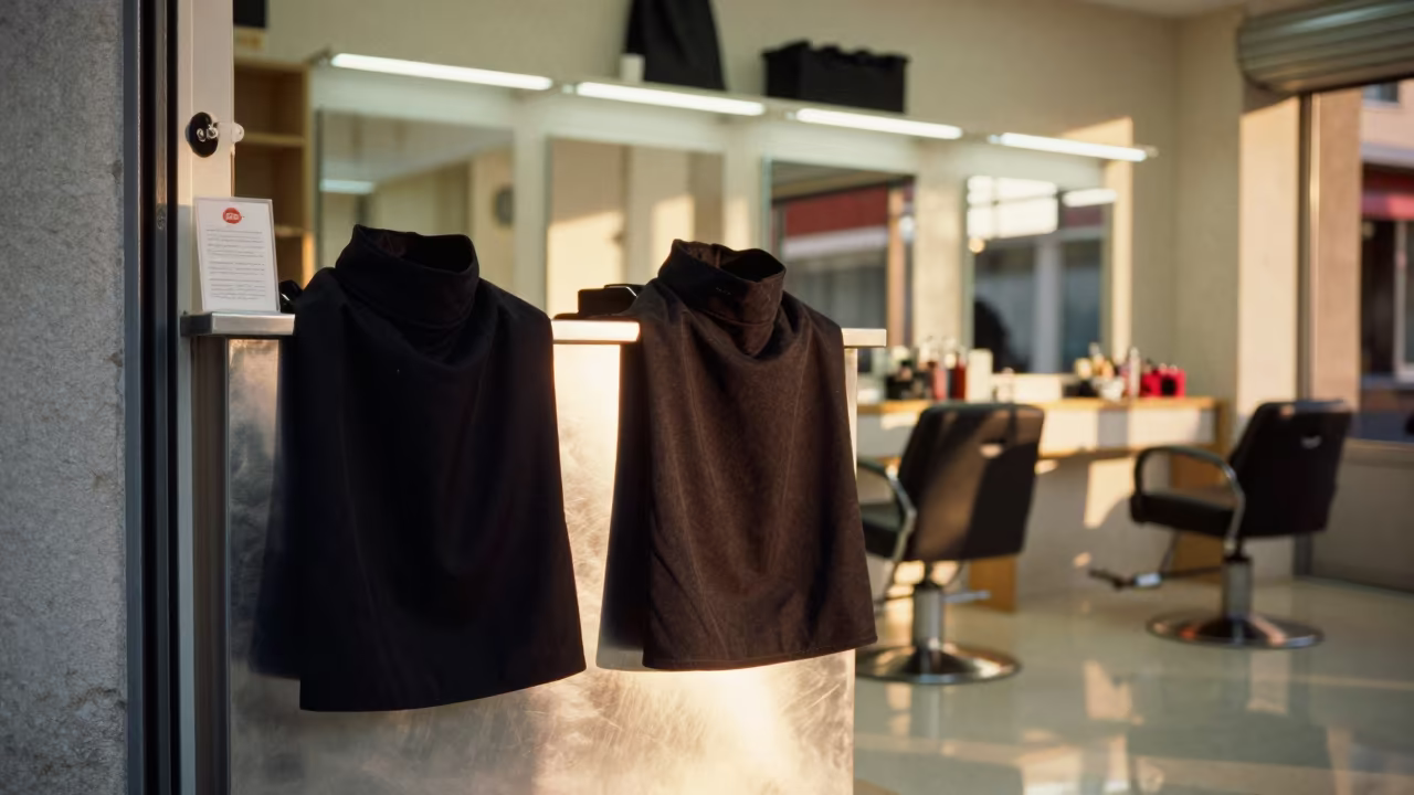 Barber Neck Duster Caddy in Salamiyah Beauty Shop in in a beauty supply area under white LEDs in Salamiyah