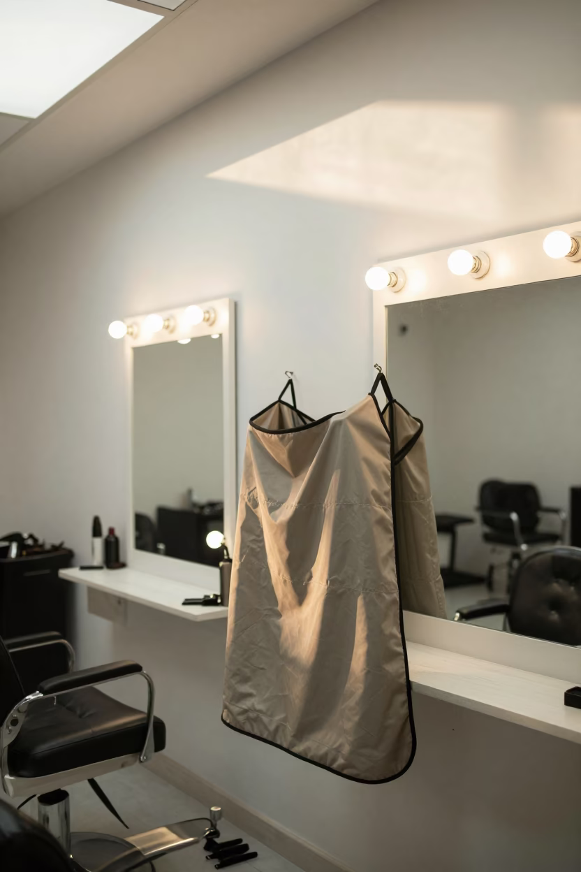 Barber Neck Duster Caddy Under Bulbs in at a barber station beneath mirror bulbs in Zapopan