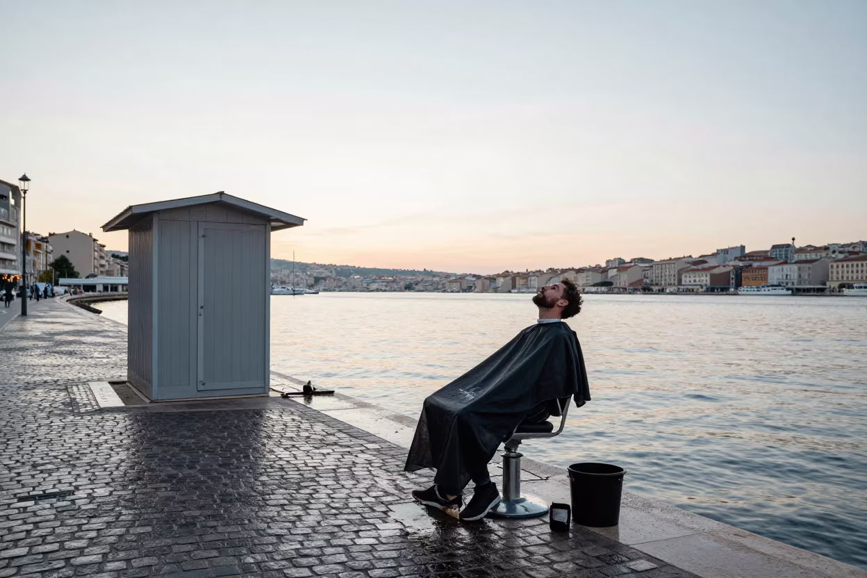 Barber Pauses at Riverside Shed Dawn Marseille in at a harbor edge in Marseille