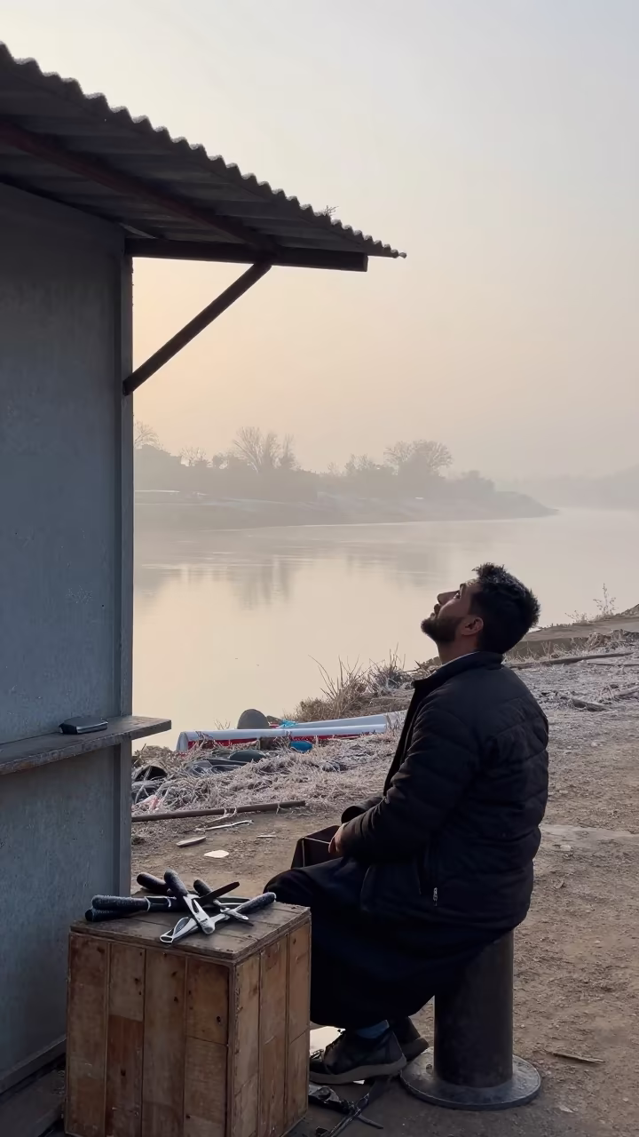 Barber Pauses at Riverside Shed Dawn Russeifa in near a riverside landing in Russeifa