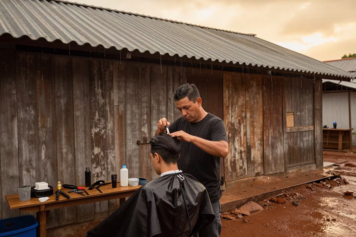 Barber in Pucallpa Workshop After Rain in in Pucallpa
