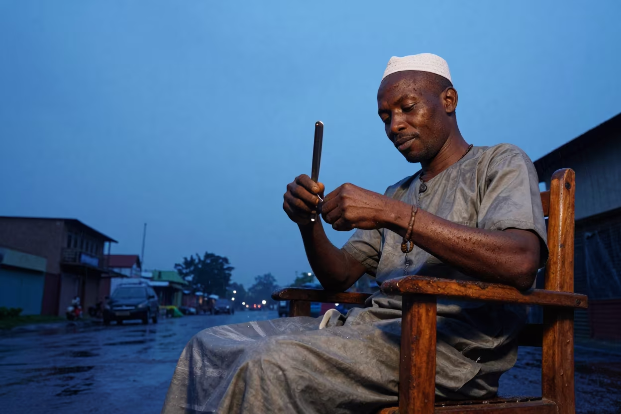 Barber Razor Frozen in Rainy Twilight Kano in at a public square in Kano