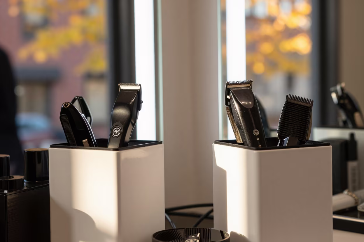 Barber Razor Slot Box in Autumn Salon in in a beauty supply area under white LEDs near Boston