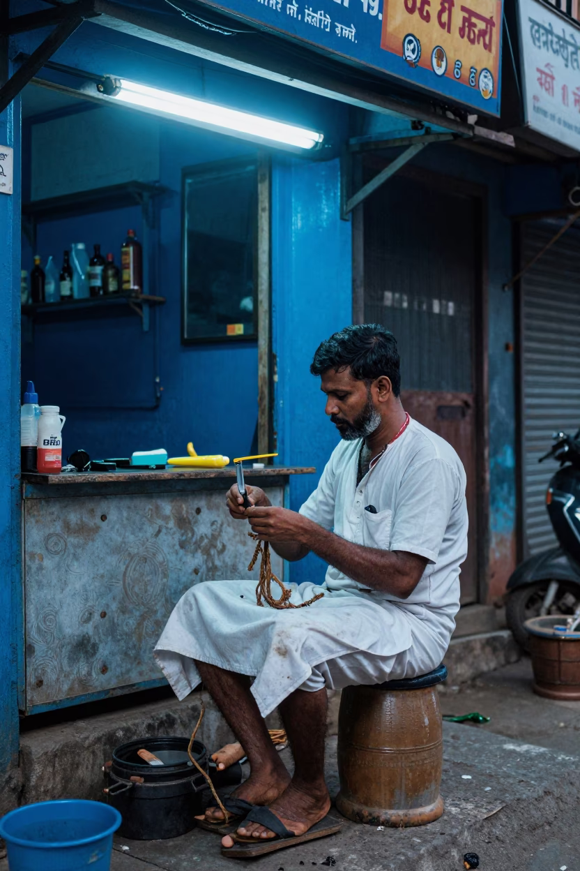 Barber Scene in Kochi at The Last Blue Light Of Evening in in Kochi, India