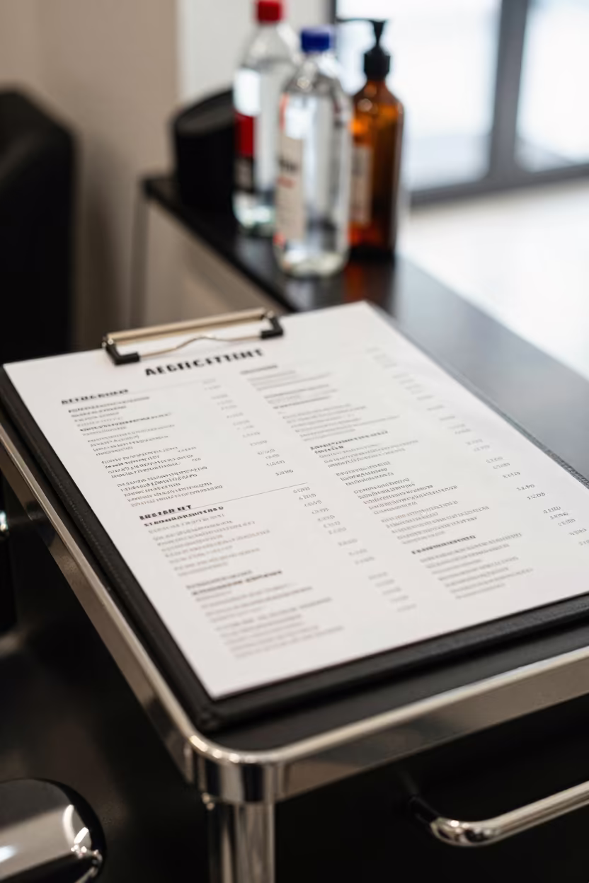 Barber Service Menu Laminate at Kirkuk Station in at a barber station beneath mirror bulbs in Kirkuk