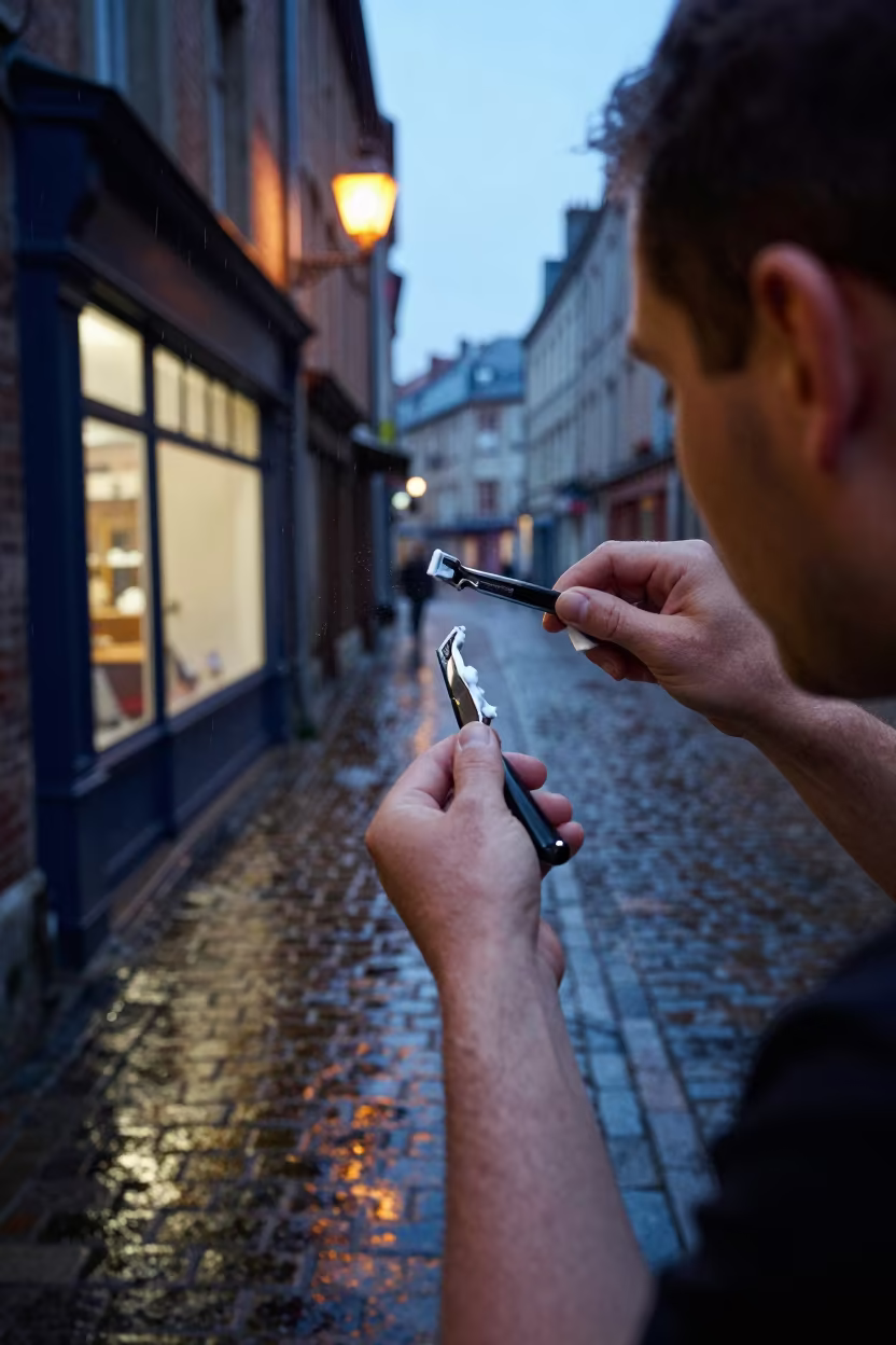 Barber Shave Blue Hour Water Reflection in in Lille