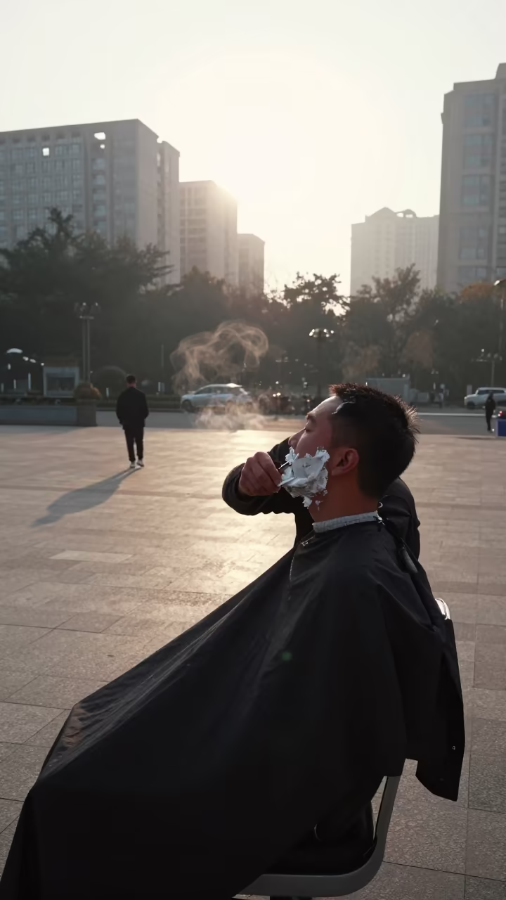 Barber Shave in Hefei Square Before Dawn in at a public square in Hefei
