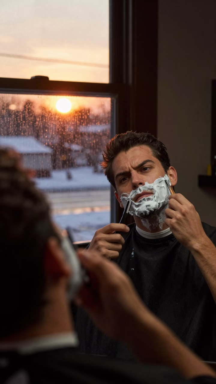 Barber Shaves Client in Winter Sunset Rain in near San Jose