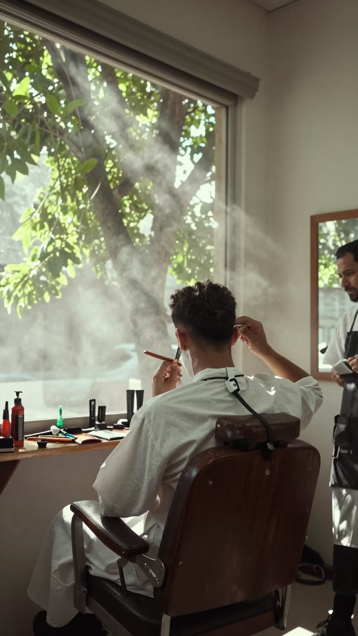 Barber Shaves Customer in Salvador Window Light in in Salvador
