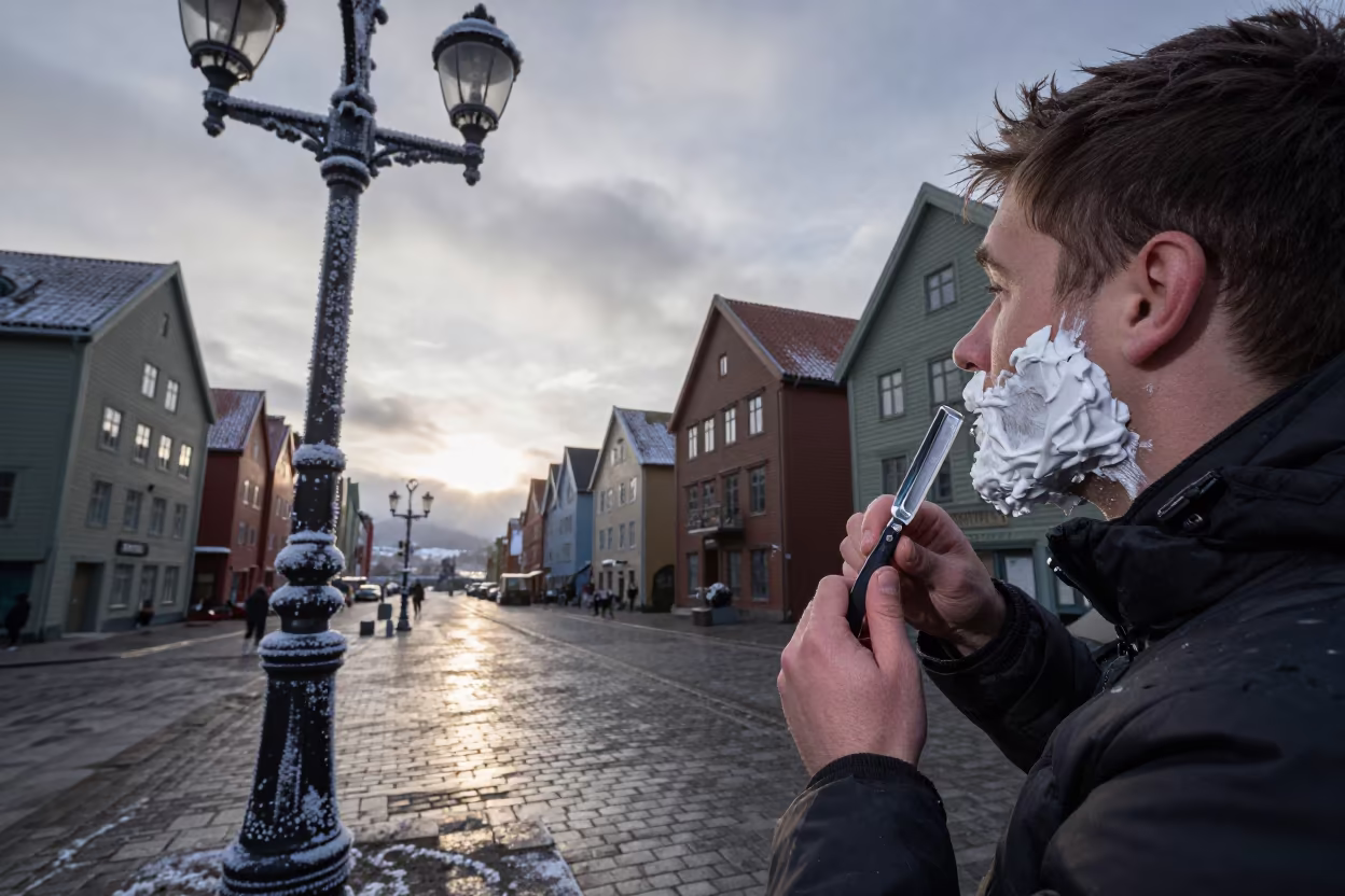 Barber Shaves Customer in Trondheim Square in at a public square in Trondheim