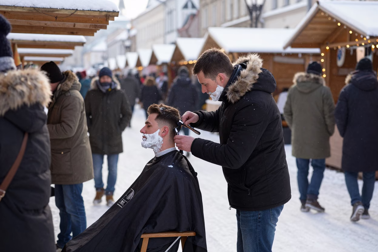 Barber Shaves Man in Winter Opole Market Lane in along a market lane in Opole