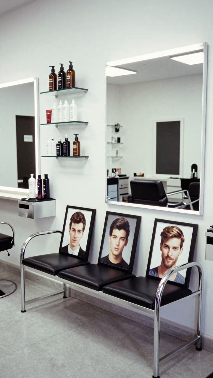 Barber Shop Bench Under White LED Lights in in a beauty supply area under white LEDs in Szczecin