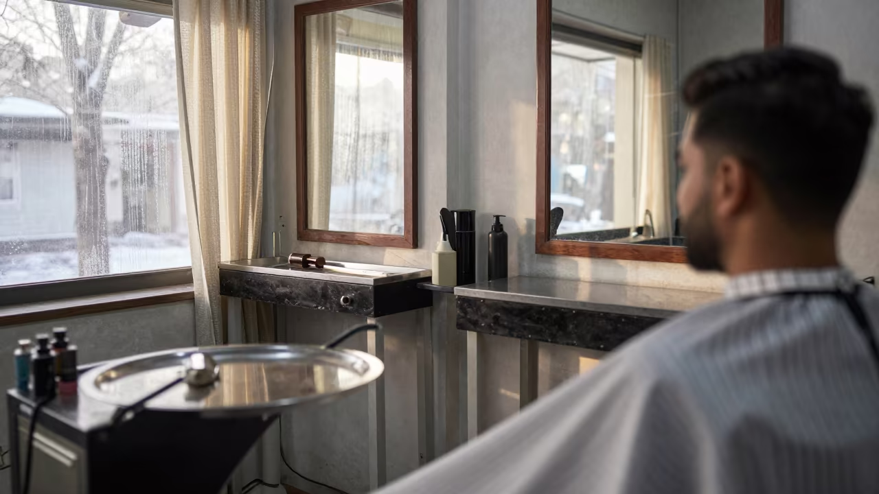Barber Station Beaker Tray Under Noon Light in at a barber station beneath mirror bulbs near Dera Ghazi Khan
