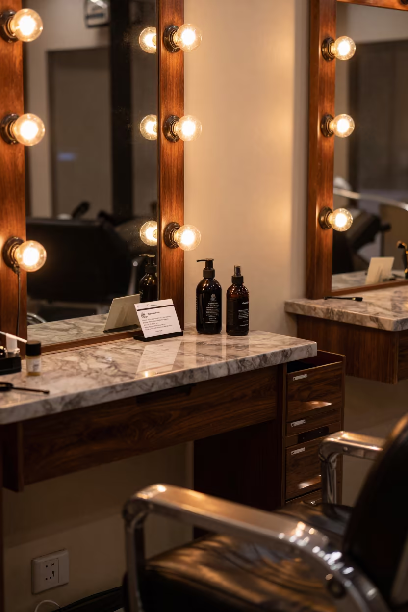 Barber Station Before Dusk in Hillah in at a barber station beneath mirror bulbs in Hillah