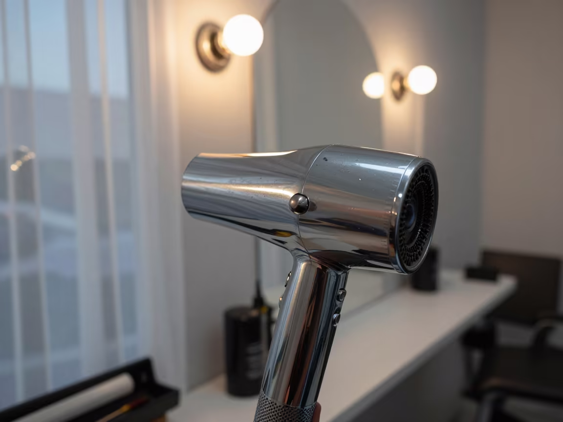 Barber Station Blowdryer Holster Under Mirror Bulbs in at a barber station beneath mirror bulbs in Kismayo
