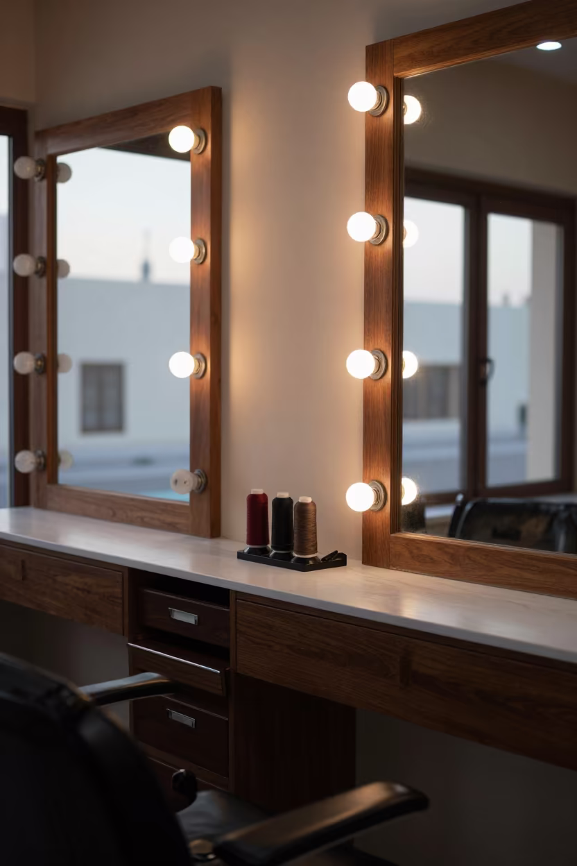 Barber Station Brow Thread Holder in Muscat in at a barber station beneath mirror bulbs near Muscat