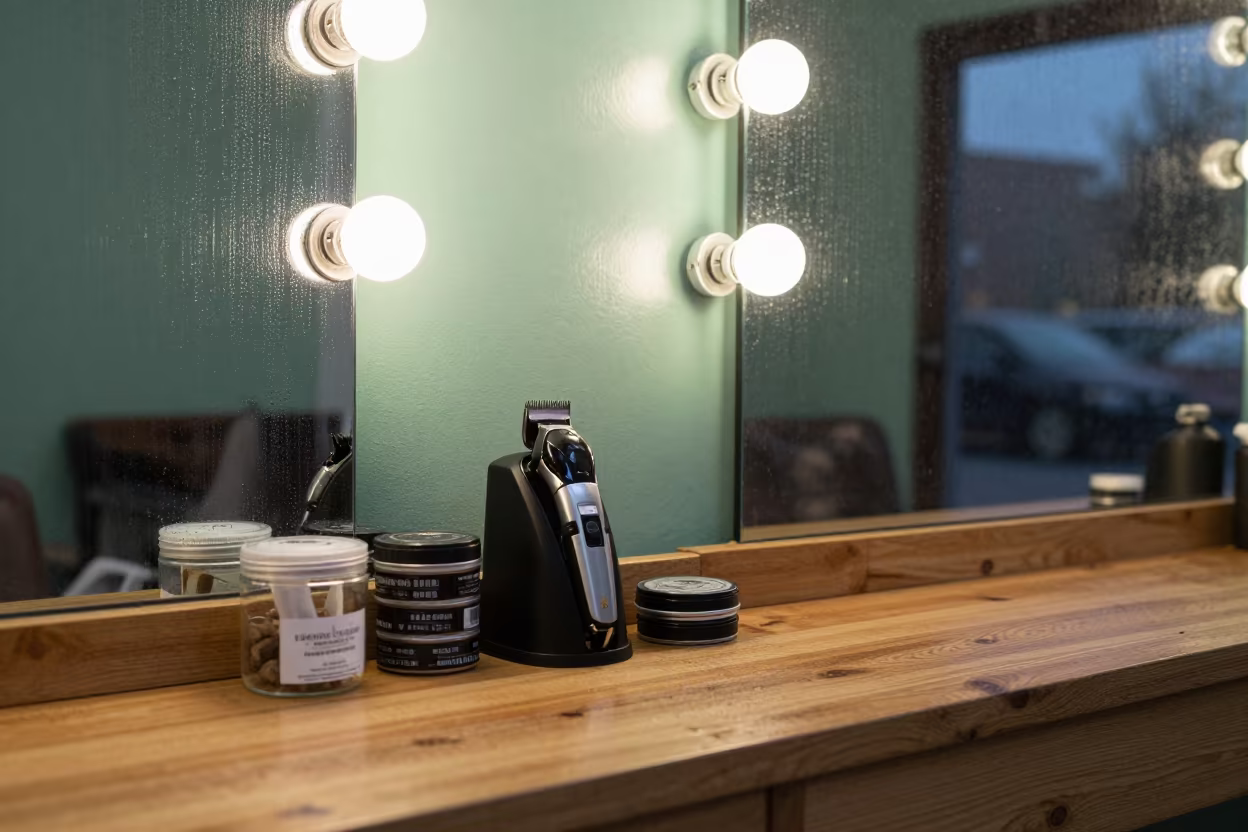 Barber Station Clippers and Combs Under Neon in at a barber station beneath mirror bulbs near Moçâmedes