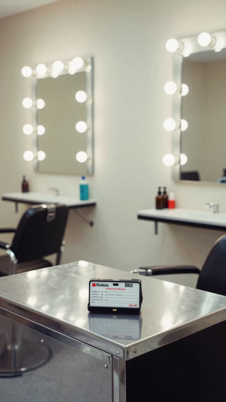 Barber Station Consent Card Before Morning Reset in at a barber station beneath mirror bulbs in Ahmedpur East