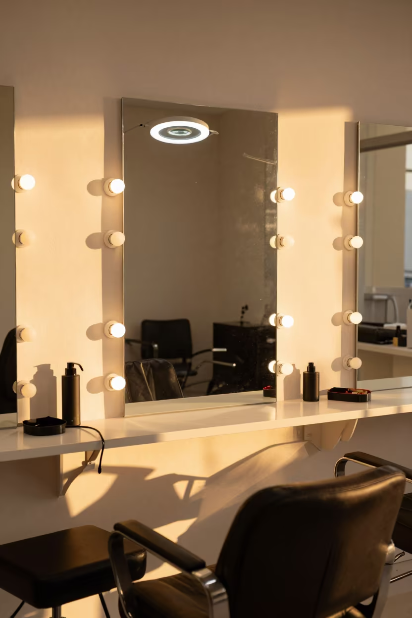 Barber Station Counter Under Warm Golden Hour Light in at a barber station beneath mirror bulbs in Campinas