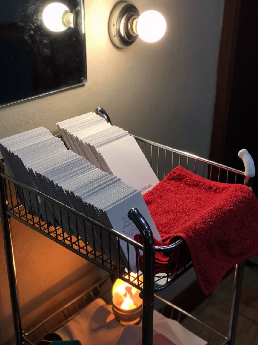 Barber Station Duster Caddy Night Puebla in at a barber station beneath mirror bulbs in Puebla