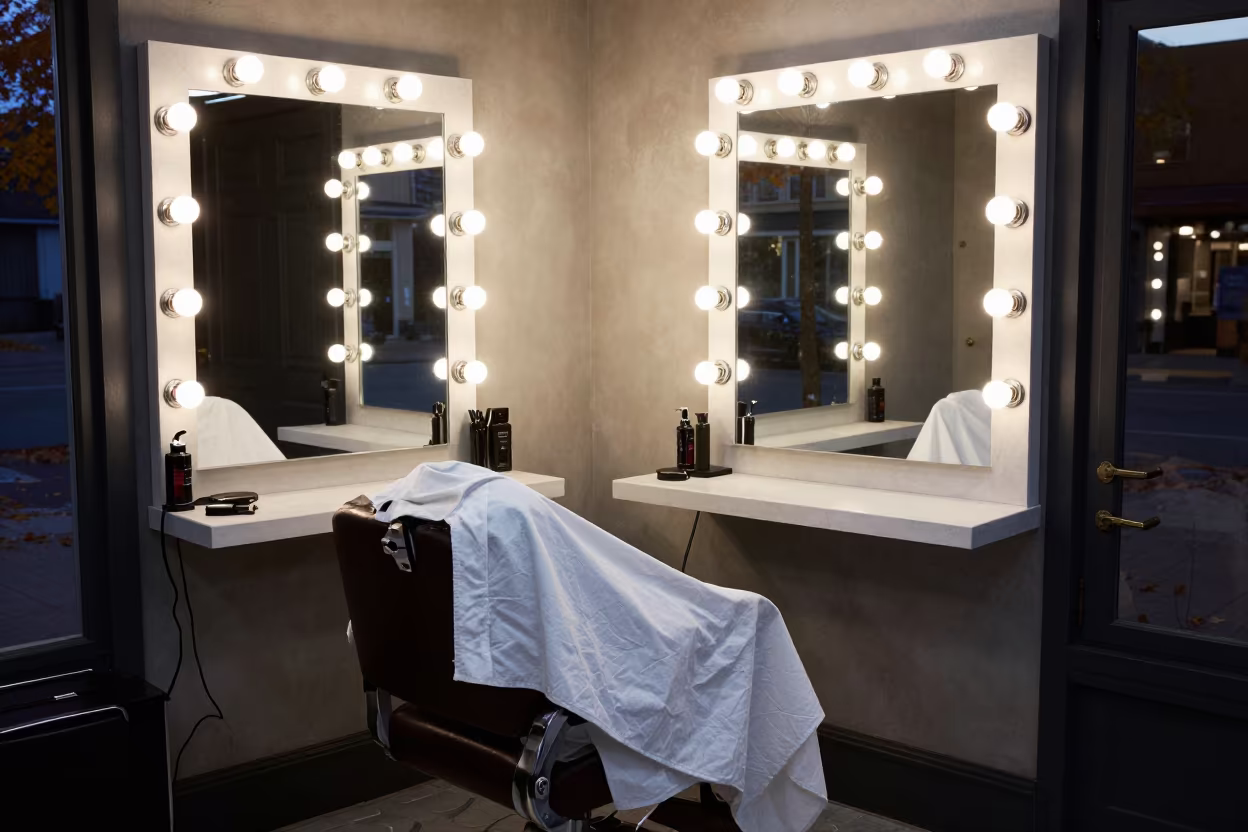 Barber Station Linen in Predawn Light in at a barber station beneath mirror bulbs near Brantford