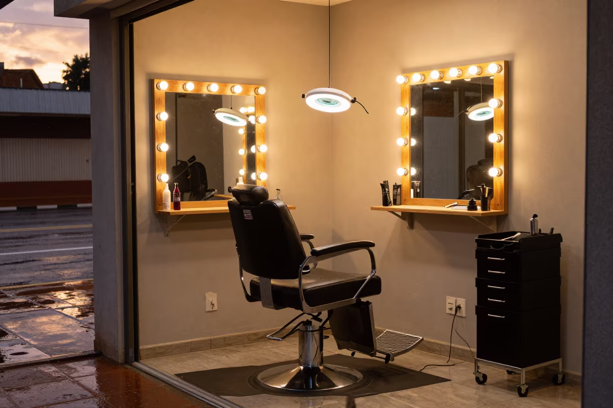 Barber Station with Magnifying Lamp in Goiania in at a barber station beneath mirror bulbs in Goiania