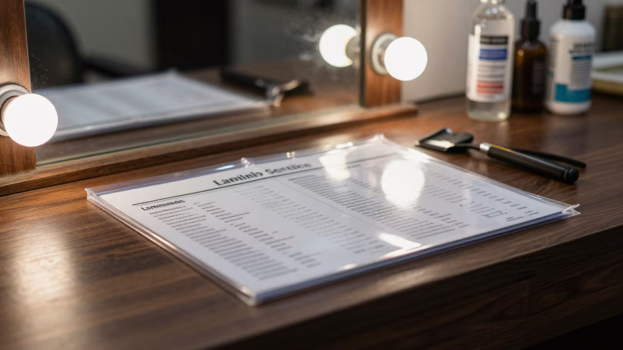 Barber Station Menu Pouch in Late Afternoon Light in at a barber station beneath mirror bulbs near Bhilai