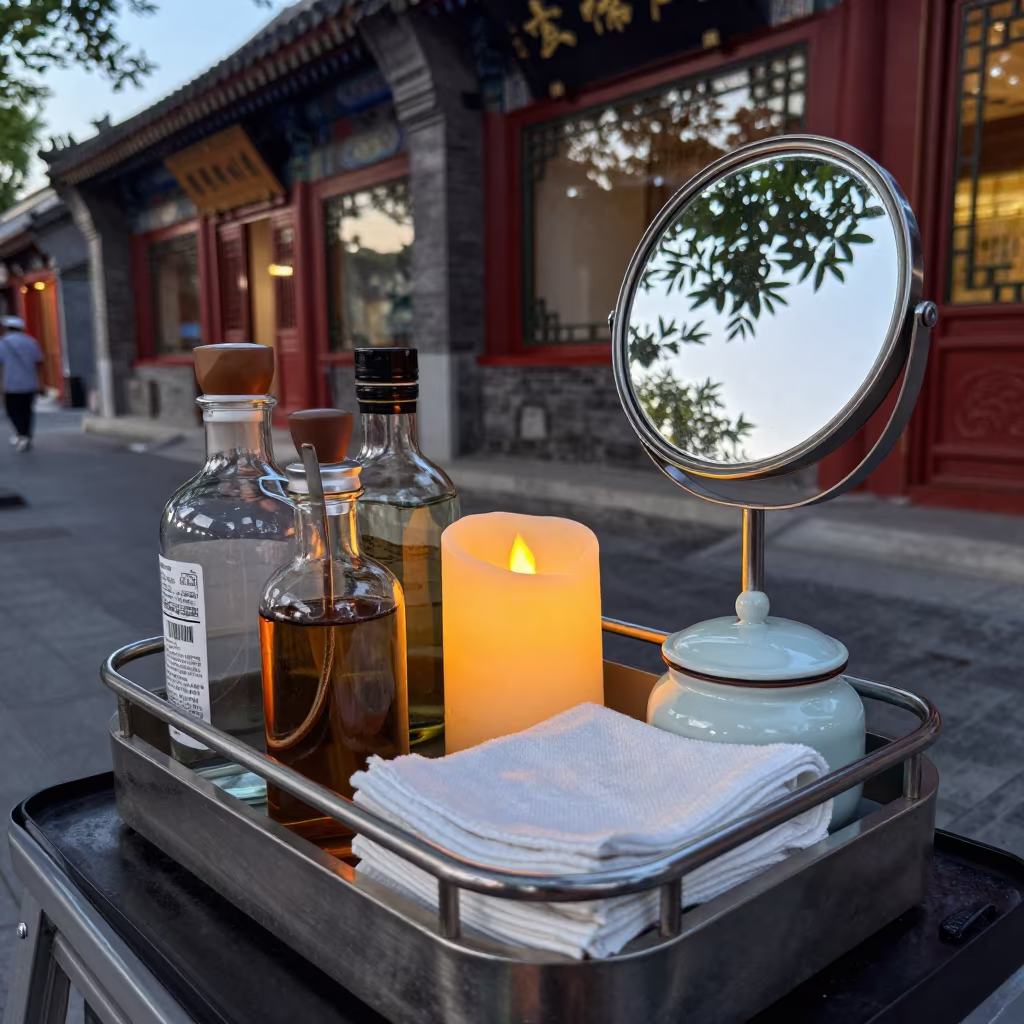 Barber Station Mirror Cleaning Caddy Beijing in at a barber station beneath mirror bulbs in Wangfujing, Beijing