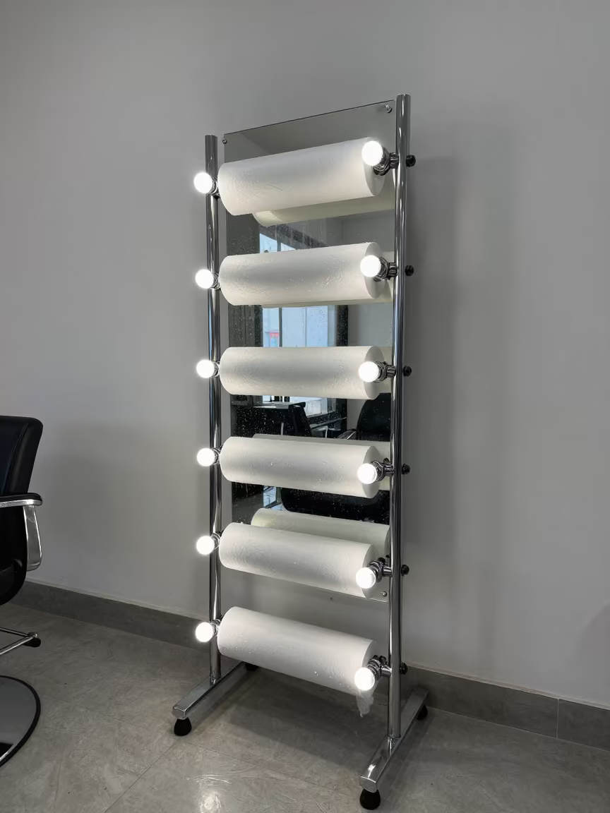 Barber Station Paper Roll Rack in Alleppey Salon in at a barber station beneath mirror bulbs near Alleppey