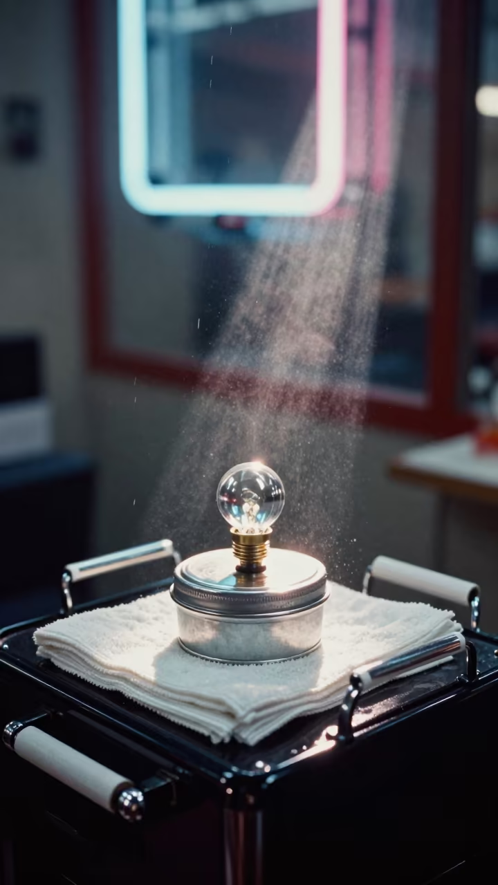 Barber Station Refill Tin in Twilight in at a barber station beneath mirror bulbs in Yogyakarta