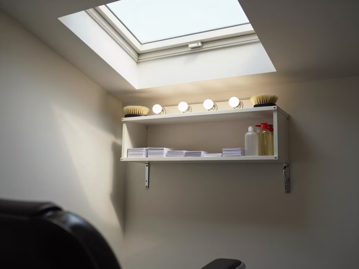 Barber Station Return Shelf Bailundo in at a barber station beneath mirror bulbs in Bailundo