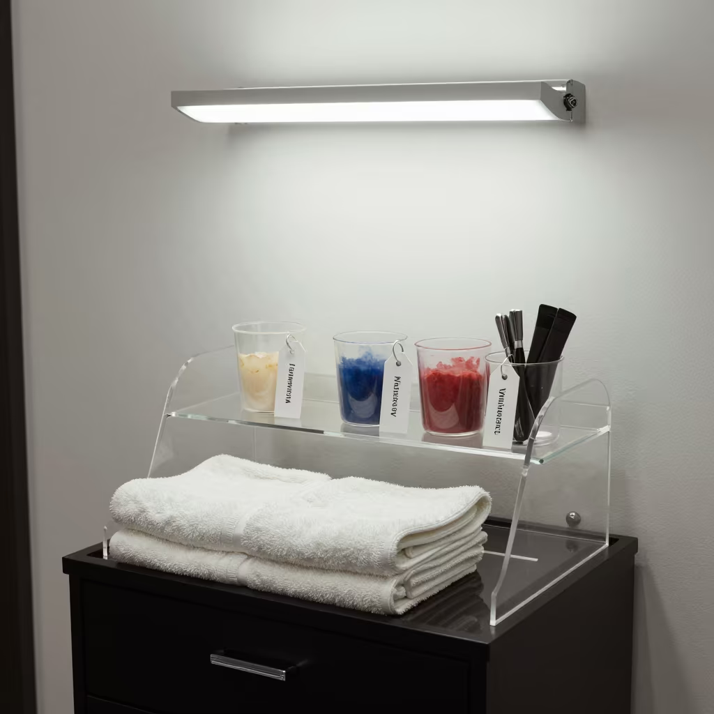 Barber Station Shelf Talker with Tery Cloth and Chrome in at a barber station beneath mirror bulbs in Vladivostok