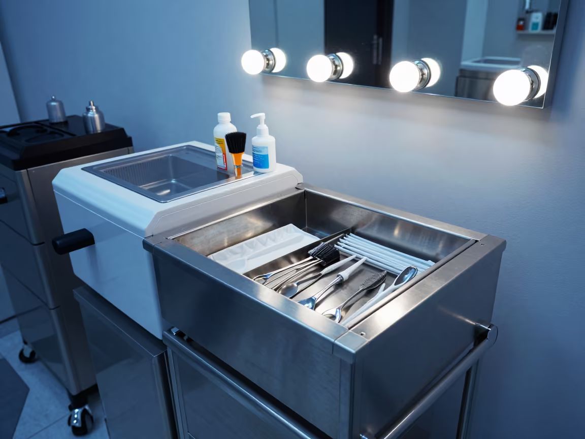 Barber Station Sterilizer Drawer Twilight Toledo in at a barber station beneath mirror bulbs in Toledo