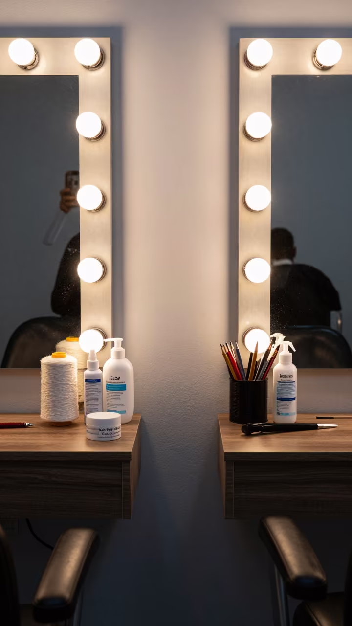 Barber Station Thread Spools Before Dawn in at a barber station beneath mirror bulbs in Los Guayos